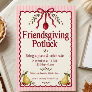 Uitnodiging voor een Friendsgiving-potluck, roze uitnodiging voor een Thanksgiving-diner, leuke Friendsgiving-party met strik, bewerkbaar sjabloon voor een herfstpotluck