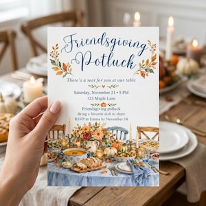 Friendsgiving Potluck Invitation, Watercolor Thanksgiving Dinner Invite, Fall Floral Potluck Party, Friendsgiving Gathering Template