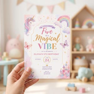 Magical Unicorn 5th Birthday Invitation, Pastel Rainbow Castle Party Invite, Girl Birthday Digital Template, Enchanted Fairytale Invitation