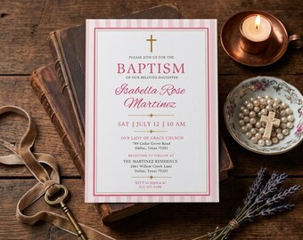 Pink Baptism Invitation Template, Girl Christening Invite, Editable Baptism Invitation, Religious Ceremony Invite, Digital Download