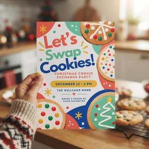 Pode incluir: Um cartão de convite retangular com fundo branco, ilustrações de biscoitos coloridos, formas abstratas vermelhas, verdes e azuis, e o texto Let's Swap Cookies! Christmas Cookie Exchange Party December 12 2 PM The Williams Home.