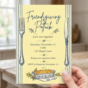 Uitnodiging voor een Friendsgiving-potluck, vintage Thanksgiving-dineruitnodiging, blauw-gele potluckparty, bewerkbare Friendsgiving-sjabloon