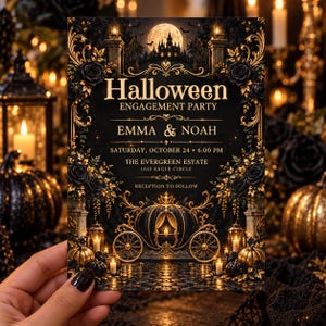 Halloween Engagement Party Invitation, Black and Gold Pumpkin Carriage Invite, Gothic Fairytale Celebration, Digital Template