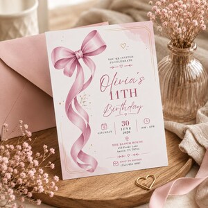 Pink Bow 11th Birthday Invitation Template, Elegant Girl Birthday Invite, Editable Canva Invitation, Printable Birthday Card image 2
