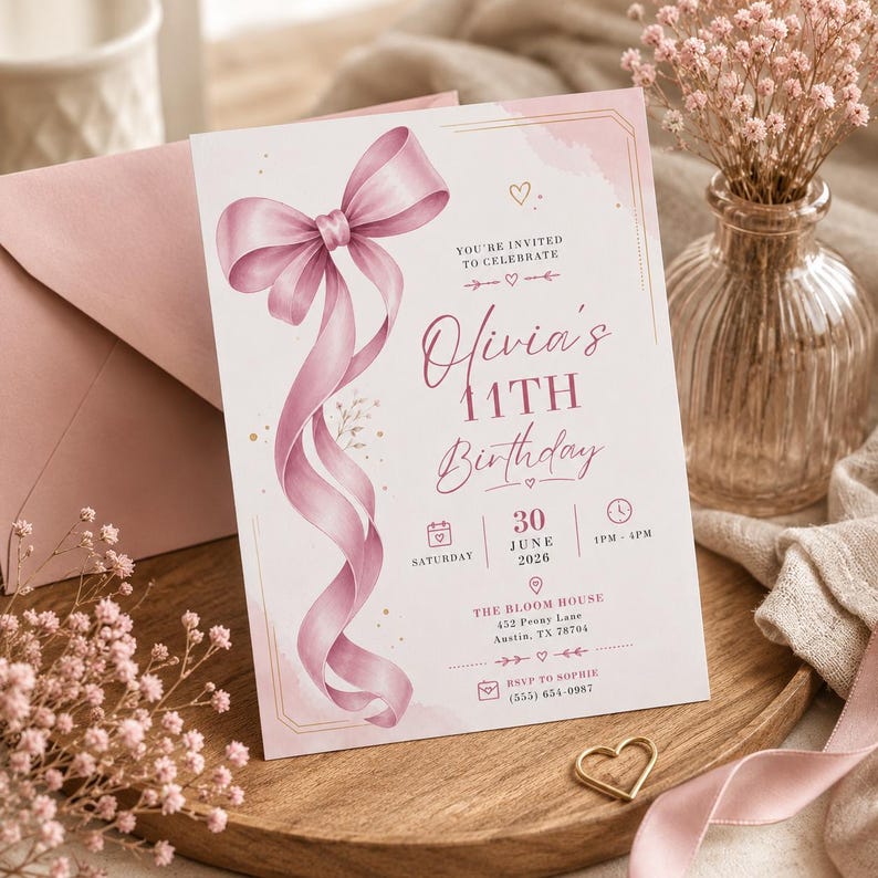 Pink Bow 11th Birthday Invitation Template, Elegant Girl Birthday Invite, Editable Canva Invitation, Printable Birthday Card image 2