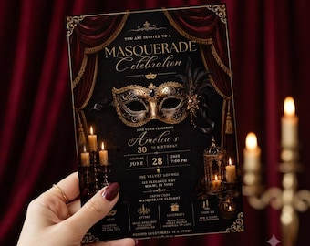 May include: A rectangular invitation card for a Masquerade Celebration featuring a gold mask, red curtains, and candle illustrations. The text includes details for Amelia's 30th birthday on Saturday, June 28, 2025, at 7:00 PM at The Velvet Lounge.