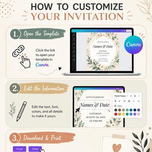 May include: An instructional infographic titled DESIGNBYIBTI Invitations & Printables detailing three steps to customize a digital template. It features icons, a laptop displaying a Canva interface, text editing tools, and download options.