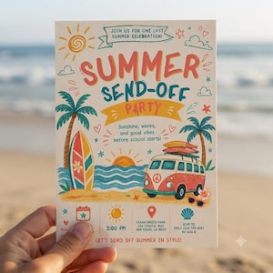 Peut inclure: Une carte d'invitation crème pour une fête de fin d'été avec des illustrations dessinées à la main d'un soleil, de palmiers, d'une planche de surf et d'un van vintage. Le texte indique : Join us for one last summer celebration, Summer Send-Off Party, 3:00 PM, Ocean Breeze Park, 456 Coastal Way, San Diego, CA 92101, RSVP to Emily (123) 199-4567 by Aug 6, et Let's send off summer in style.