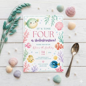 Four a Shellabration Birthday Invitation Canva Template, Under the Sea Birthday Invite, Sea Life Birthday Card, Printable Canva Template