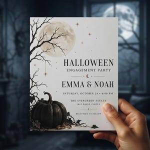 Halloween Engagement Party Invitation, Minimalist Black Pumpkin and Full Moon Invite, Elegant October Celebration, Digital Invitation