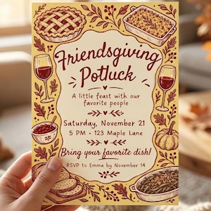 Friendsgiving Potluck Invitation, Retro Thanksgiving Dinner Invite, Fall Food Party, Vintage Friendsgiving Potluck Template