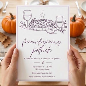 Uitnodiging voor een Thanksgiving-potluck met vrienden, minimalistische lijntekening uitnodiging voor Thanksgiving, taartdiner, bewerkbare sjabloon voor een herfstpotluck