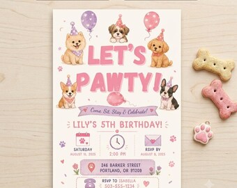 May include: A birthday invitation template featuring the text LET'S PAWTY! and LILY'S 5TH BIRTHDAY! with illustrations of four puppies wearing party hats, balloons, paw prints, a calendar, a clock, and an envelope on a light cream background.