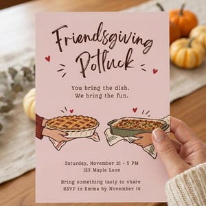 Friendsgiving Potluck Invitation, Pink Thanksgiving Dinner Invite, Cute Friendsgiving Party, Fall Potluck Editable Template