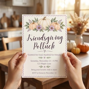 Friendsgiving Potluck Invitation, Purple Pumpkin Thanksgiving Invite, Floral Fall Dinner Party, Editable Friendsgiving Template