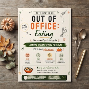 Op de afbeelding: Een crèmekleurige flyer met de titel OUT OF OFFICE: Eating, die een jaarlijkse Thanksgiving-potluck aankondigt op donderdag 21 november 2024, van 12:00 tot 14:00 uur in conferentieruimte 8, met iconen voor datum, tijd, locatie en aanwezigen.