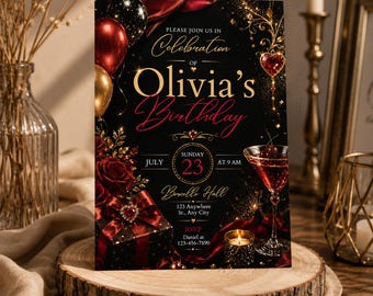 May include: A black birthday invitation card featuring gold and red balloons, red roses, a gift box with a red bow, a cocktail glass with cherries, and a candle. The text reads: Please join us in celebration of Olivia's Birthday, Sunday July 23 at 9 AM.