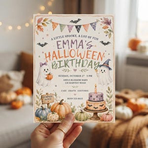 Cute Halloween Birthday Party Invitation, Watercolor Ghosts & Pumpkins, Rustic Fall Kids Spooky Birthday Invite
