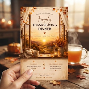 Peut inclure: Une carte d'invitation pour un dîner de Thanksgiving avec une vue par la fenêtre sur un paysage au coucher du soleil, des feuilles d'automne, une tasse et une lanterne. Le texte indique : Please join us for our Family Thanksgiving Dinner, 28 nov 2026.