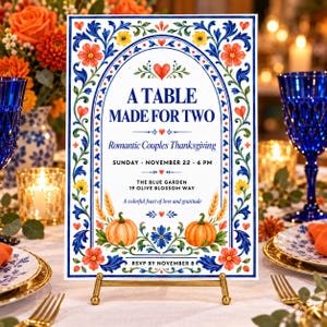 Peut inclure: Une carte d'invitation rectangulaire avec une bordure florale bleue, jaune et orange, deux citrouilles et des épis de blé. Le texte indique : A TABLE MADE FOR TWO, Romantic Couples Thanksgiving, SUNDAY NOVEMBER 22 6 PM, THE BLUE GARDEN 19 OLIVE BLOSSOM WAY, A colorful feast of love and gratitude, RSVP BY NOVEMBER 8.