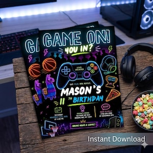 May include: A black birthday invitation flyer with neon-style graphics including a game controller, a llama, a basketball, a pizza slice, and a trophy. The text reads GAME ON! YOU IN? MASON'S 11TH BIRTHDAY, with event details for Saturday, November 15th, 2025.