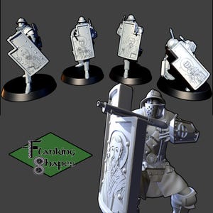 May include: A set of five unpainted grey miniature soldier figurines, each equipped with a large rectangular shield featuring an embossed religious icon and a rifle. The figures wear helmets with face guards and are mounted on black oval bases.