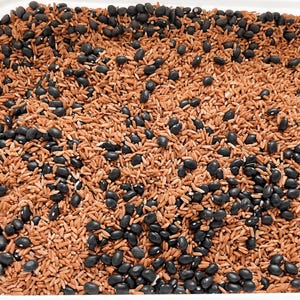 May include: A mixture of dry, uncooked brown rice grains and small, oval-shaped black beans. The individual grains of rice are light brown and elongated, while the black beans are smooth, dark, and scattered throughout the rice mixture.
