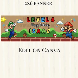 Level Up Super Bros Birthday Banner  2x6