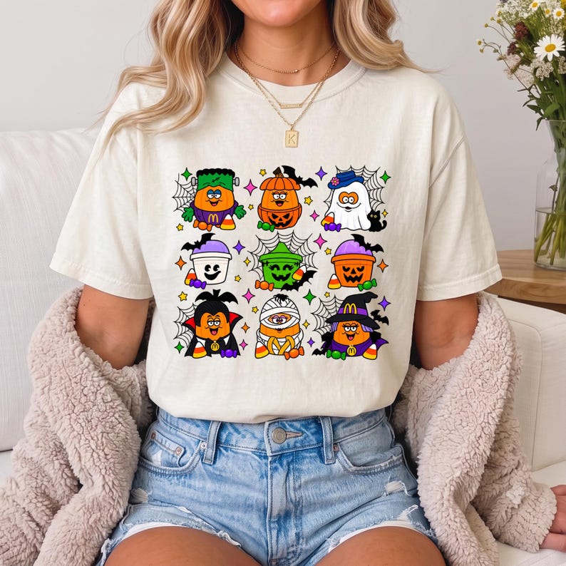 May include: A cream-colored t-shirt featuring a graphic print of nine cartoon characters dressed in Halloween costumes, including a pumpkin, ghost, vampire, and mummy, accented with spider webs, candy corn, and colorful star shapes.