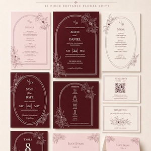 Könnte beinhalten: Ein 10-teiliges Hochzeits-Papeterie-Set mit floralen Linienzeichnungen auf burgunderroten und blassrosa Hintergründen. Das Set enthält Einladungen, Menükarten, RSVP-Karten mit QR-Codes, Zeitpläne, Tischnummern und Platzkarten mit dem Text CANVA WEDDING BUNDLE.
