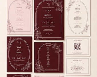 10-Piece Burgundy Wedding Stationery Bundle, Editable Canva Templates
