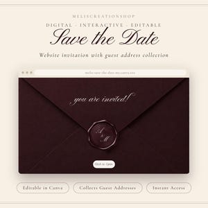 Burgundy Save the Date Wedding Website, Interactive Envelope, Countdown, Guest Address Collection, Canva Template