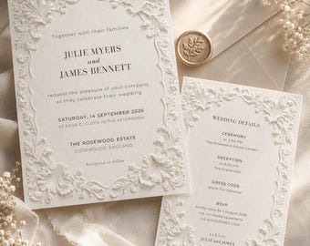 2-Piece Ivory Baroque Wedding Invitation Template, Embossed Effect Canva Invite, Editable Digital Download