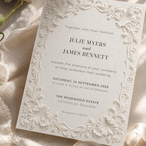 Plantilla de invitación de boda barroca color marfil, invitación de Canva con efecto relieve, descarga digital editable.