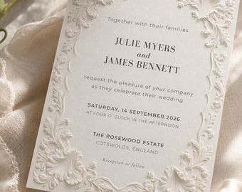 Ivory Baroque Wedding Invitation Template, Embossed Effect Canva Invite, Editable Digital Download