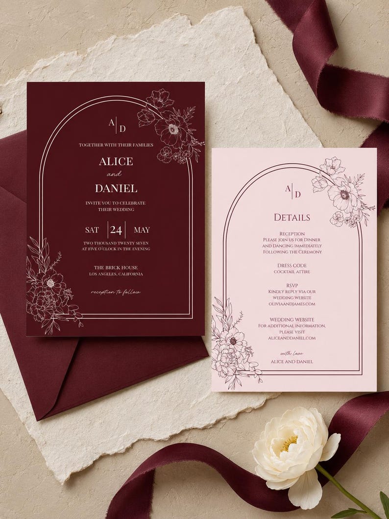 May include: A deep burgundy wedding invitation and a light pink details card, both featuring an arched frame and white floral line art. The text includes names Alice and Daniel, the date May 24, and event details. The cards are rectangular in shape.