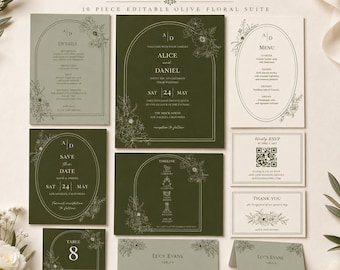 10-Piece Olive Wedding Stationery Bundle, Editable Canva Templates
