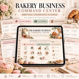 May include: A digital bakery business command centre planner for Goodnotes featuring a dashboard with sections for daily operations, manage and grow, and quick access. The interface includes icons for orders, customers, finances, and recipes.