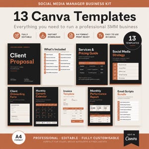 Könnte beinhalten: Ein Social Media Manager Business-Kit mit 13 Canva-Vorlagen im A4-Format. Das Set enthält Dokumente für Kundenangebote, Onboarding-Formulare, Inhaltskalender, Rechnungen, Leistungsberichte und E-Mail-Skripte in den Farben Schwarz und Orange.