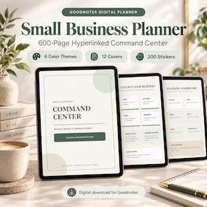 Pode incluir: Um planejador digital para Goodnotes intitulado Small Business Planner 600-Page Hyperlinked Command Center. A tela exibe um sistema de operações comerciais com seções para hoje, clientes, dinheiro, marketing e prazos.