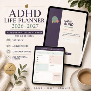 May include: A digital ADHD life planner for 2026-2027 displayed on two tablets with a stylus. The interface features 782 pages, 6 color themes, 12 covers, and 200 stickers. Text includes ADHD LIFE PLANNER 2026-2027, CALM ADHD, and PLAN FOCUS RESET ORGANIZE.
