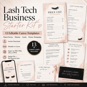 May include: A digital Lash Tech Business Starter Kit featuring 13 editable Canva templates including a price list, client intake form, consent waiver, aftercare guide, appointment card, gift certificate, and promotional graphics with blush pink accents.