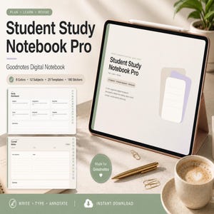 May include: A digital Student Study Notebook Pro for Goodnotes displayed on a tablet screen. The interface features a study dashboard, Cornell notes layout, 6 colours, 12 subjects, 25 templates, and 180 stickers. The screen shows text including Plan, Learn, Revise.
