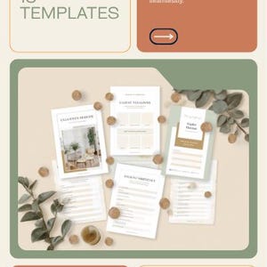 May include: A digital product bundle featuring 13 templates with text including WHAT'S INCLUDED, 13 TEMPLATES, CLIENT WELCOME, and reallygreatsite.com. The layout displays multiple white document pages with beige accents, scattered circular elements, and eucalyptus leaves.