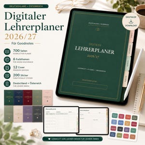 Pode incluir: Um planejador digital para professores 2026/27 exibido em uma tela de tablet com capa verde escura, texto dourado e abas laterais. A imagem inclui uma grade de doze opções de cores de capa, dois layouts de páginas internas e adesivos coloridos.