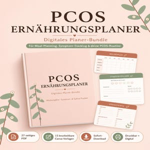 PCOS Ernährungsplaner Deutsch | Wöchentlicher Mahlzeitenplan, Symptom- und Zyklus-Tracker, Blutzucker & Insulin | Canva Vorlage