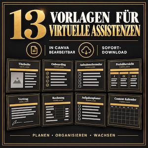 May include: A digital collection of 13 templates for virtual assistants featuring a black and gold color scheme. The set includes layouts for titles, onboarding, forms, pricing, contracts, invoices, task planners, and content calendars for Canva.