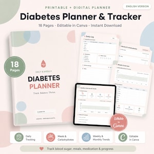 Diabetes-Planer zum Ausdrucken, Blutzucker-Tracker, Glukose-Tagebuch, bearbeitbare Canva-Vorlage, digitaler PDF-Download