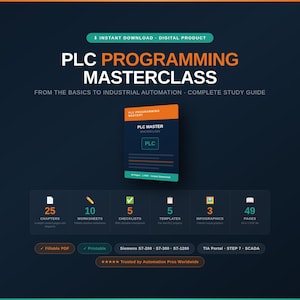May include: A digital product titled PLC Programming Masterclass, featuring a study guide with 25 chapters, 10 worksheets, 5 checklists, 5 templates, 3 infographics, and 49 pages. The dark blue graphic includes text about Siemens S7-200, S7-300, S7-1200, TIA Portal, STEP 7, and SCADA.