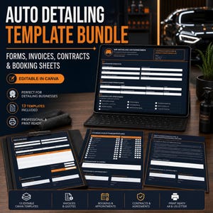 Op de afbeelding: Een auto detailing sjabloonbundel met formulieren, facturen, contracten en boekingsbladen op een tablet en geprinte papieren. De donkerblauwe en oranje documenten bevatten tekst zoals Auto Detailing Template Bundle en Editable in Canva.